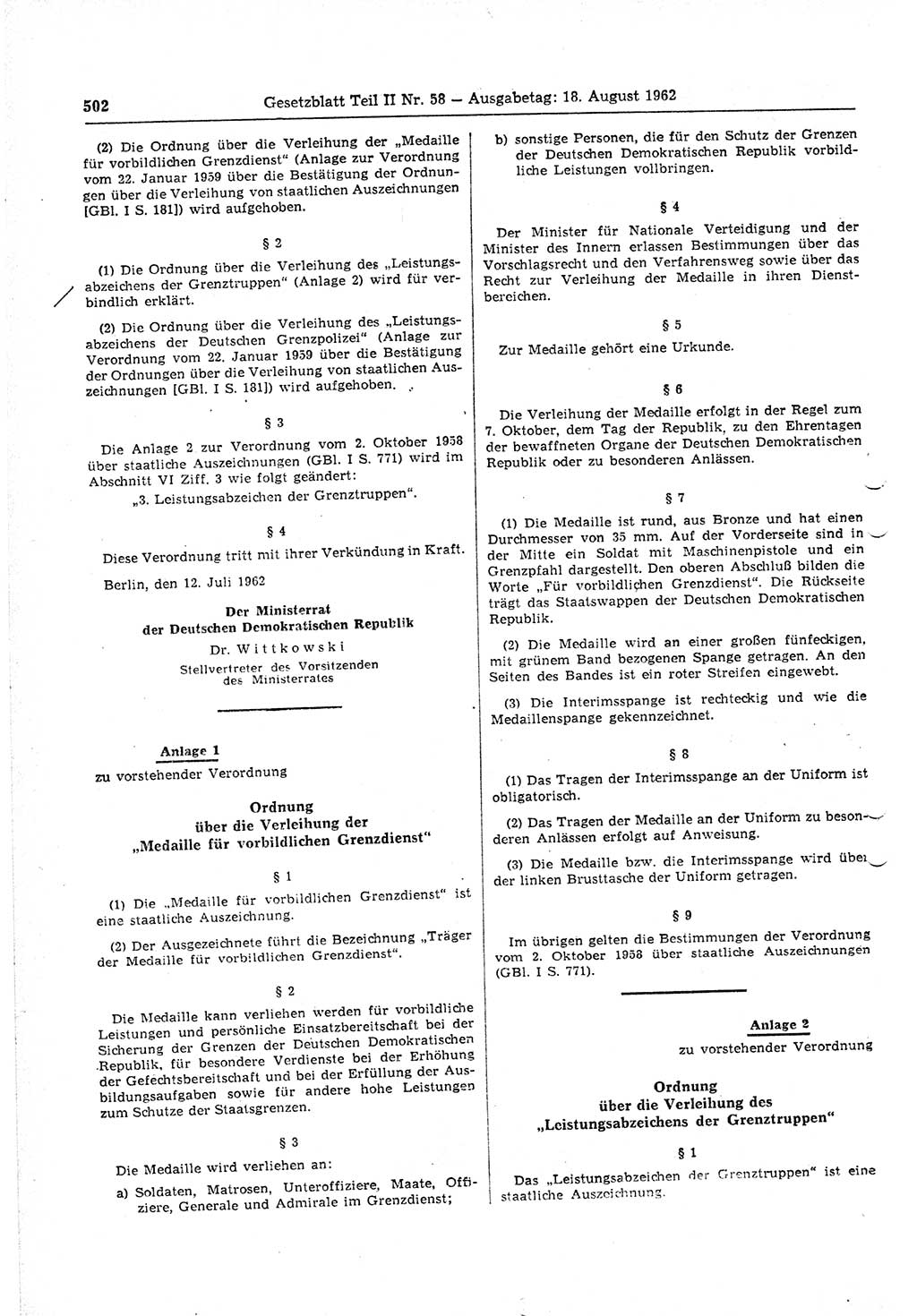Gesetzblatt (GBl.) der Deutschen Demokratischen Republik (DDR) Teil ⅠⅠ 1962, Seite 502 (GBl. DDR ⅠⅠ 1962, S. 502)