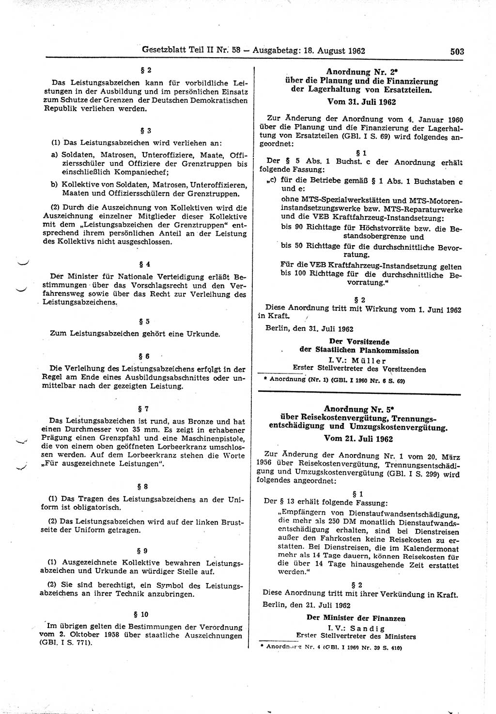 Gesetzblatt (GBl.) der Deutschen Demokratischen Republik (DDR) Teil ⅠⅠ 1962, Seite 503 (GBl. DDR ⅠⅠ 1962, S. 503)