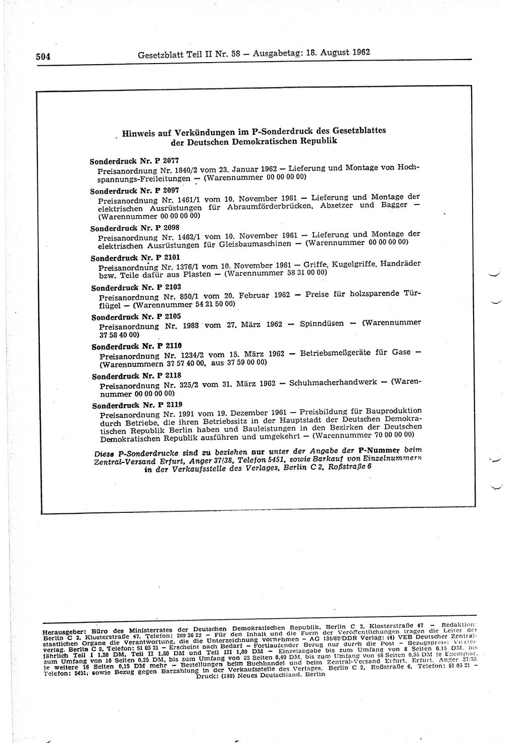 Gesetzblatt (GBl.) der Deutschen Demokratischen Republik (DDR) Teil ⅠⅠ 1962, Seite 504 (GBl. DDR ⅠⅠ 1962, S. 504)