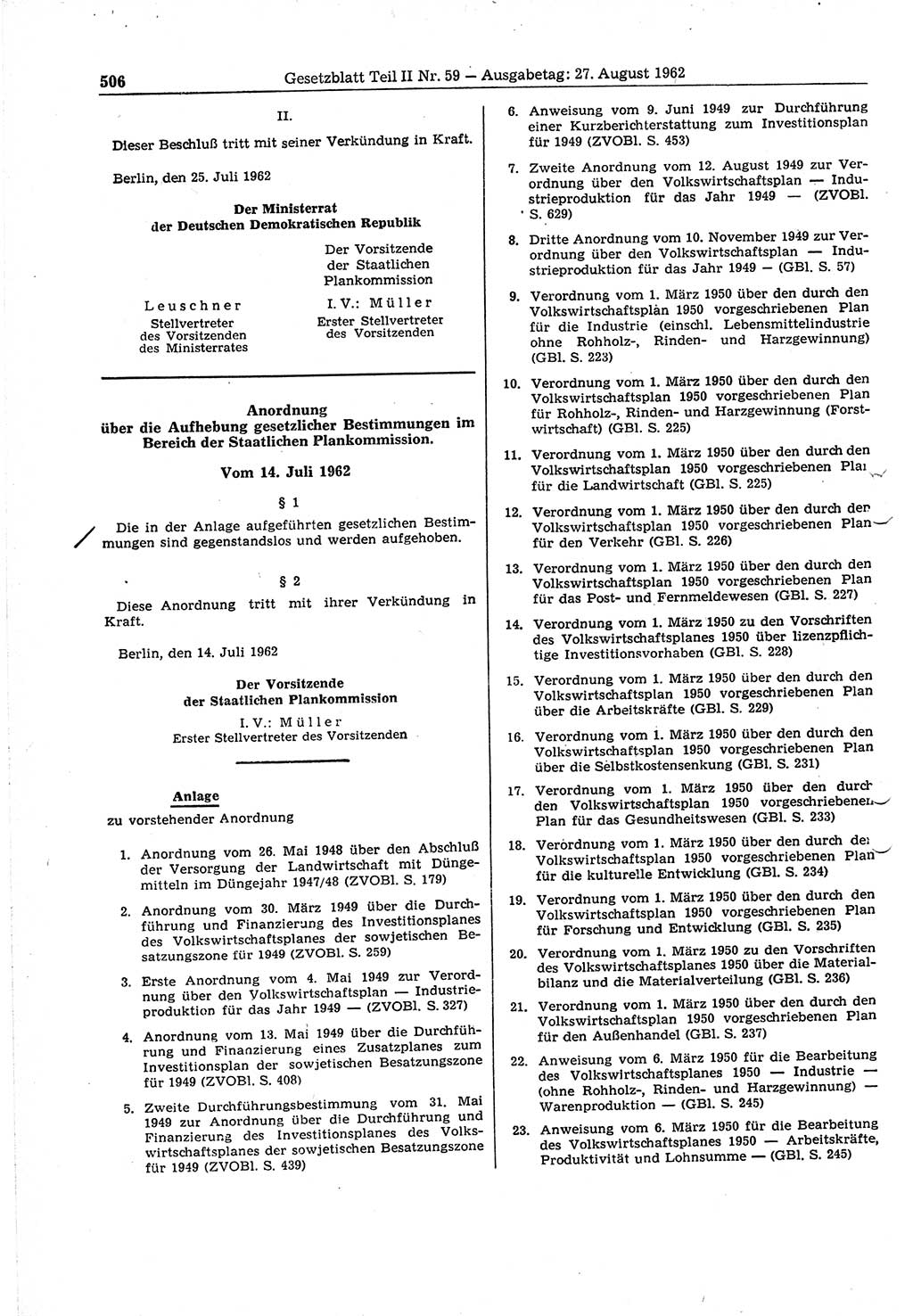 Gesetzblatt (GBl.) der Deutschen Demokratischen Republik (DDR) Teil ⅠⅠ 1962, Seite 506 (GBl. DDR ⅠⅠ 1962, S. 506)
