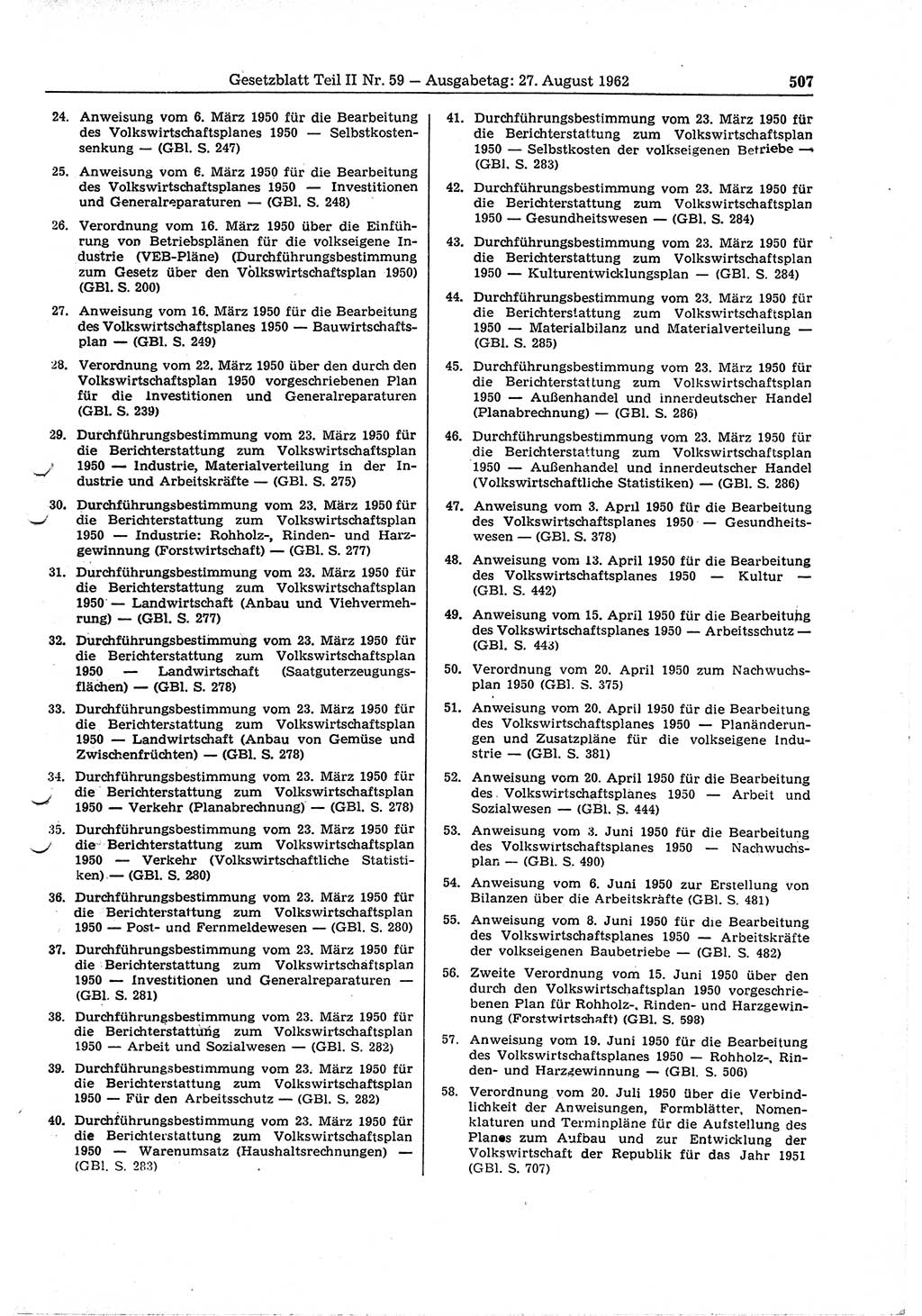 Gesetzblatt (GBl.) der Deutschen Demokratischen Republik (DDR) Teil ⅠⅠ 1962, Seite 507 (GBl. DDR ⅠⅠ 1962, S. 507)