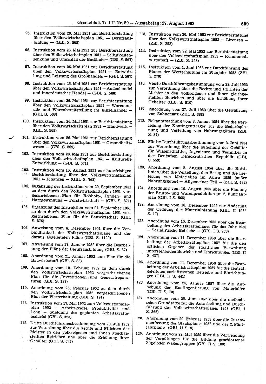 Gesetzblatt (GBl.) der Deutschen Demokratischen Republik (DDR) Teil ⅠⅠ 1962, Seite 509 (GBl. DDR ⅠⅠ 1962, S. 509)