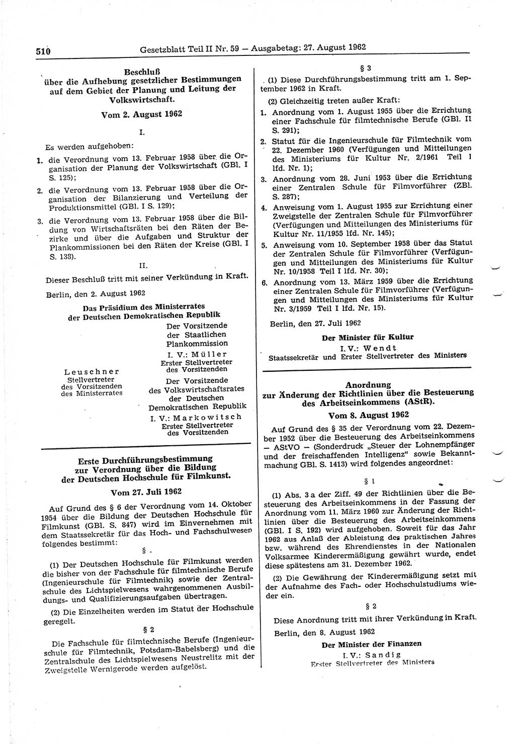 Gesetzblatt (GBl.) der Deutschen Demokratischen Republik (DDR) Teil ⅠⅠ 1962, Seite 510 (GBl. DDR ⅠⅠ 1962, S. 510)