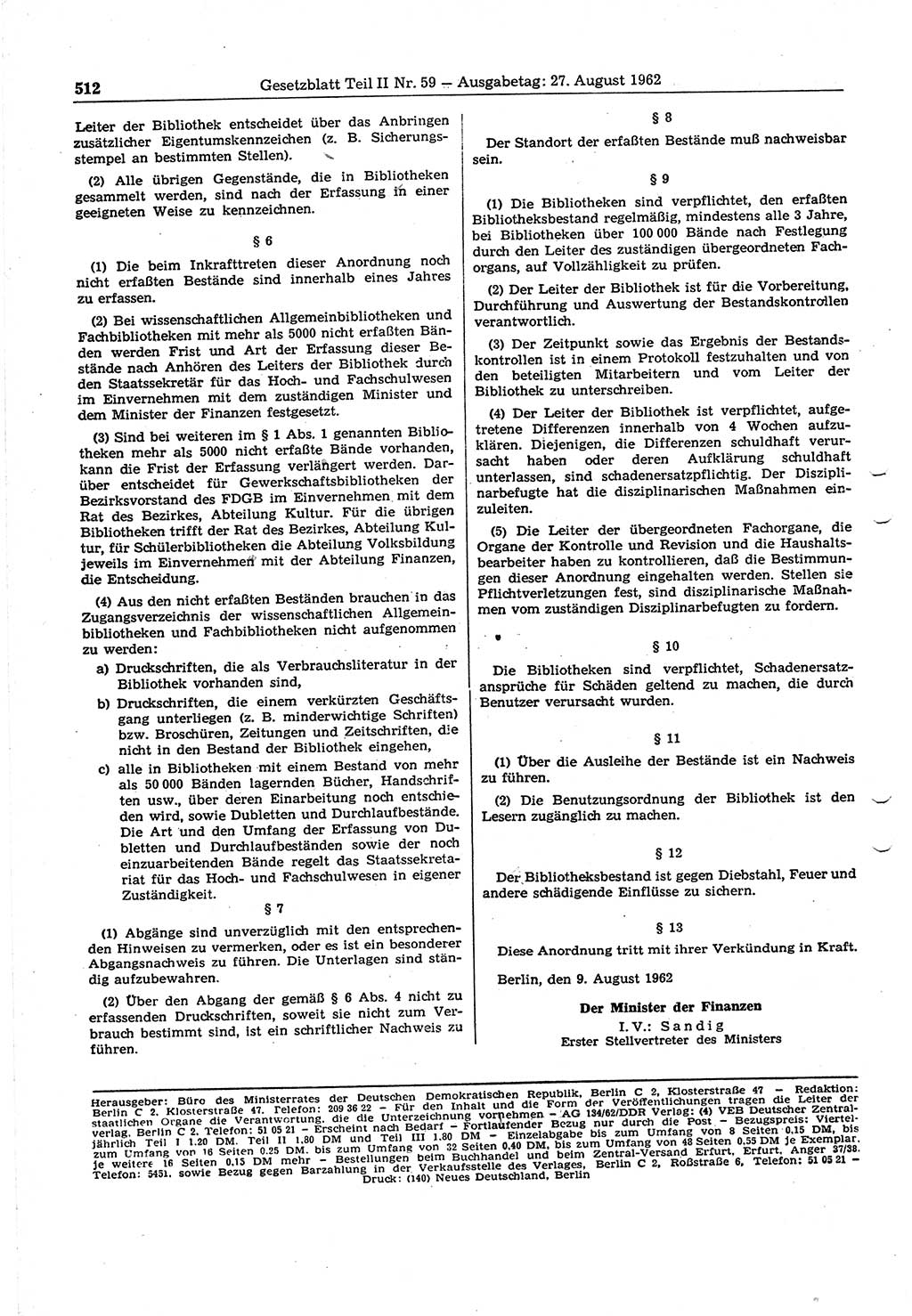 Gesetzblatt (GBl.) der Deutschen Demokratischen Republik (DDR) Teil ⅠⅠ 1962, Seite 512 (GBl. DDR ⅠⅠ 1962, S. 512)