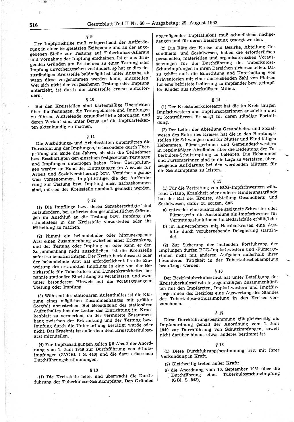 Gesetzblatt (GBl.) der Deutschen Demokratischen Republik (DDR) Teil ⅠⅠ 1962, Seite 516 (GBl. DDR ⅠⅠ 1962, S. 516)