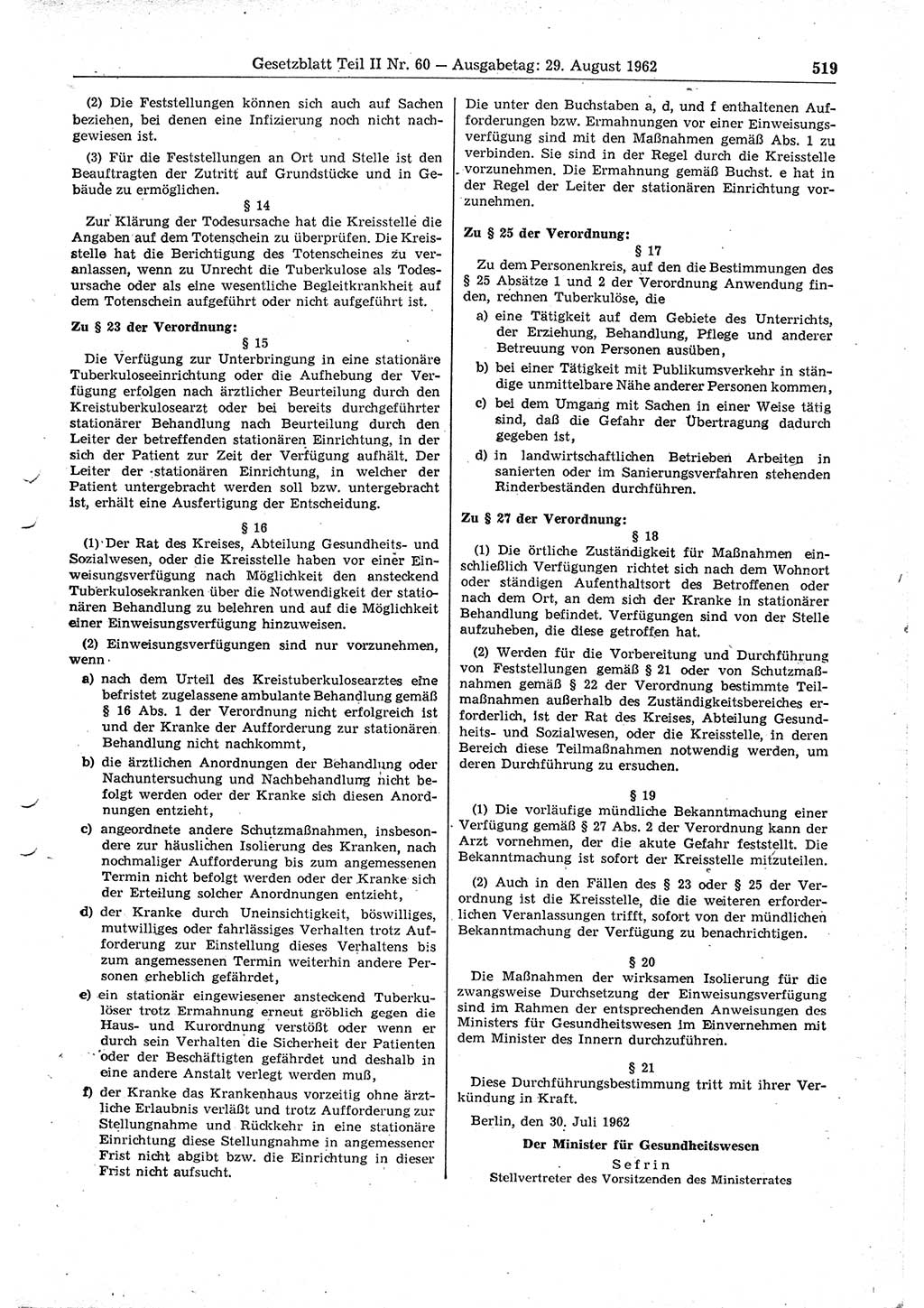 Gesetzblatt (GBl.) der Deutschen Demokratischen Republik (DDR) Teil ⅠⅠ 1962, Seite 519 (GBl. DDR ⅠⅠ 1962, S. 519)