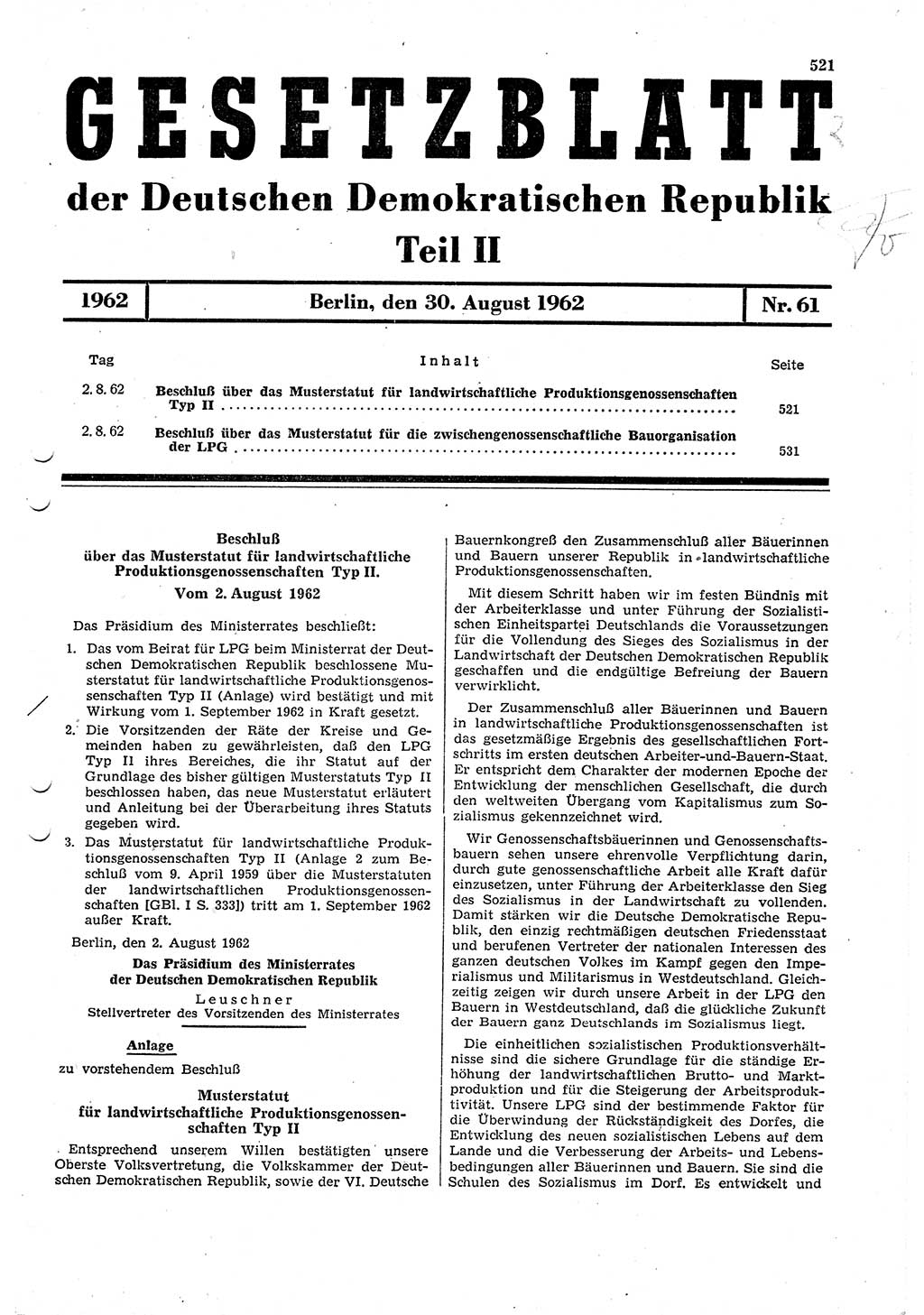 Gesetzblatt (GBl.) der Deutschen Demokratischen Republik (DDR) Teil ⅠⅠ 1962, Seite 521 (GBl. DDR ⅠⅠ 1962, S. 521)