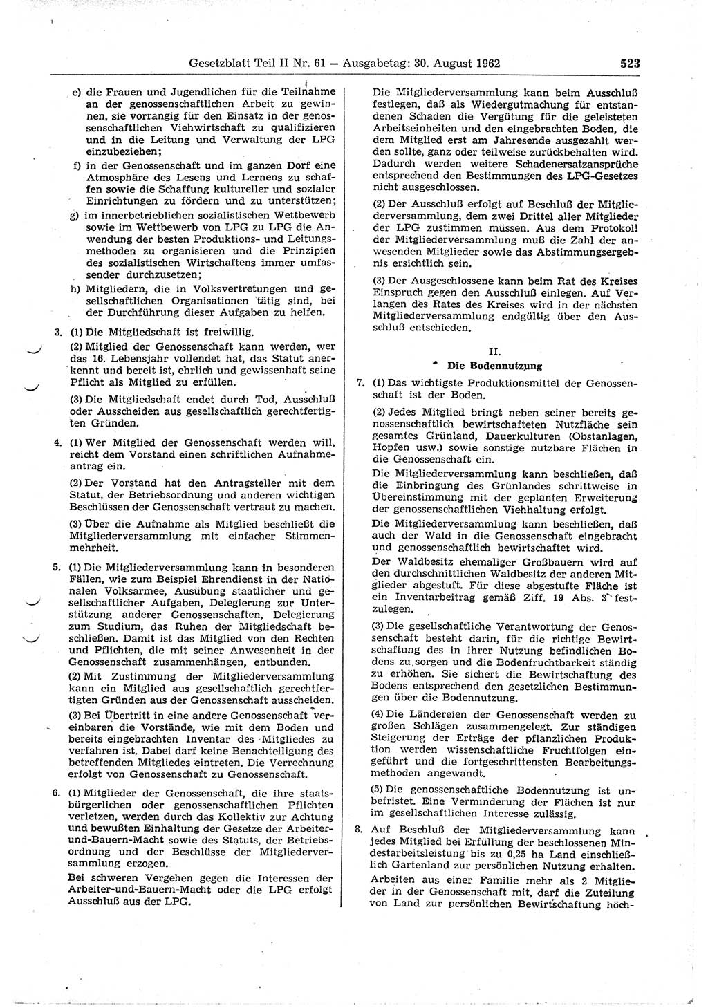 Gesetzblatt (GBl.) der Deutschen Demokratischen Republik (DDR) Teil ⅠⅠ 1962, Seite 523 (GBl. DDR ⅠⅠ 1962, S. 523)