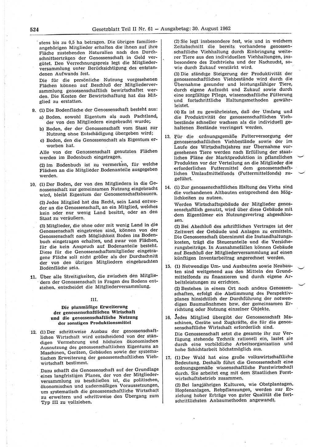 Gesetzblatt (GBl.) der Deutschen Demokratischen Republik (DDR) Teil ⅠⅠ 1962, Seite 524 (GBl. DDR ⅠⅠ 1962, S. 524)