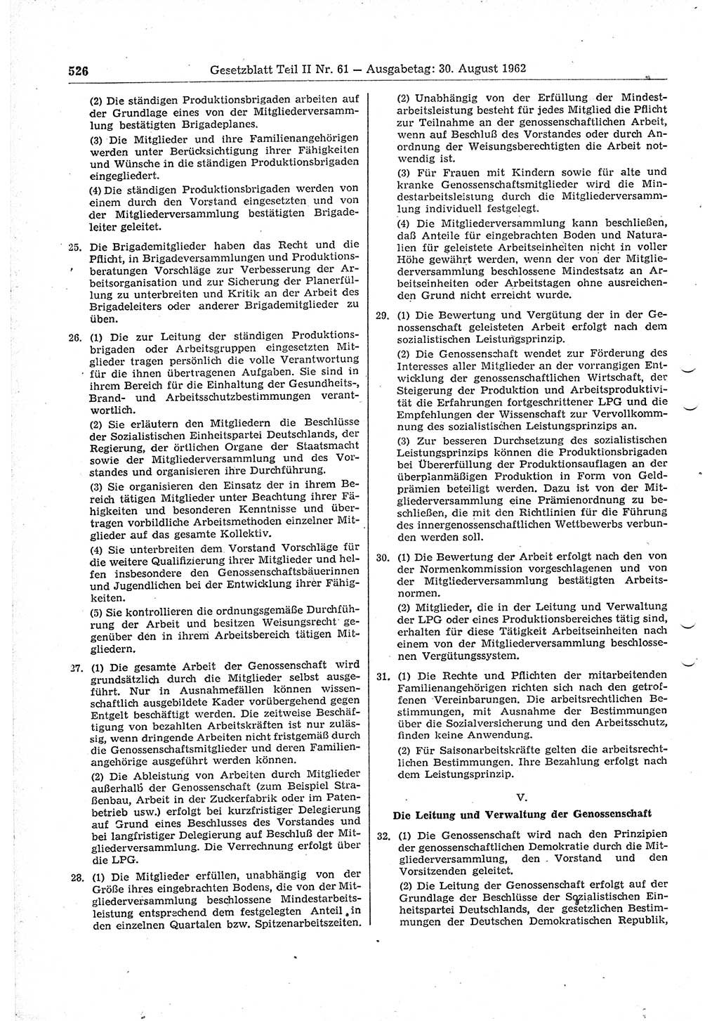 Gesetzblatt (GBl.) der Deutschen Demokratischen Republik (DDR) Teil ⅠⅠ 1962, Seite 526 (GBl. DDR ⅠⅠ 1962, S. 526)