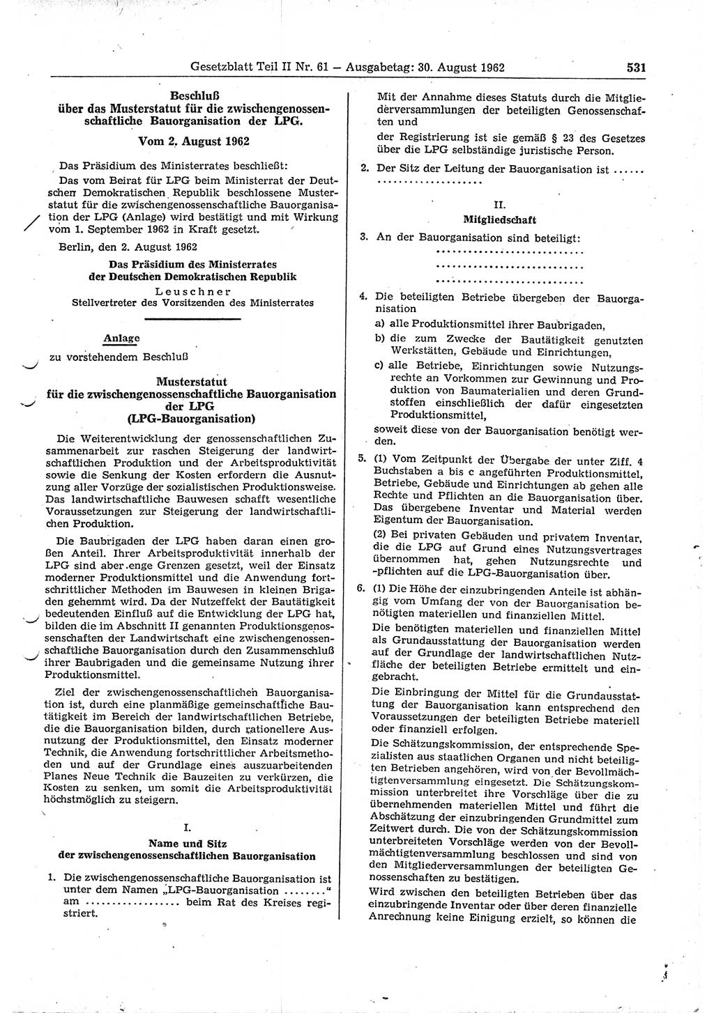 Gesetzblatt (GBl.) der Deutschen Demokratischen Republik (DDR) Teil ⅠⅠ 1962, Seite 531 (GBl. DDR ⅠⅠ 1962, S. 531)