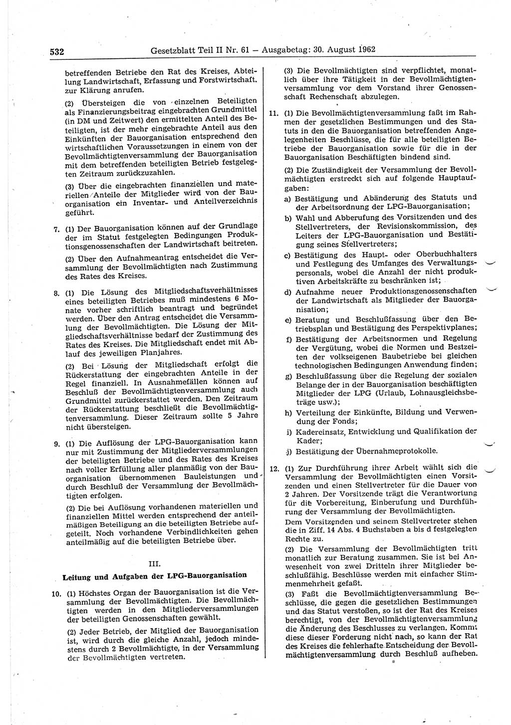 Gesetzblatt (GBl.) der Deutschen Demokratischen Republik (DDR) Teil ⅠⅠ 1962, Seite 532 (GBl. DDR ⅠⅠ 1962, S. 532)