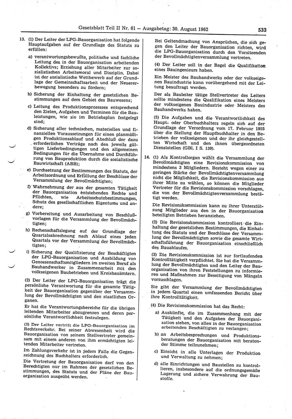 Gesetzblatt (GBl.) der Deutschen Demokratischen Republik (DDR) Teil ⅠⅠ 1962, Seite 533 (GBl. DDR ⅠⅠ 1962, S. 533)