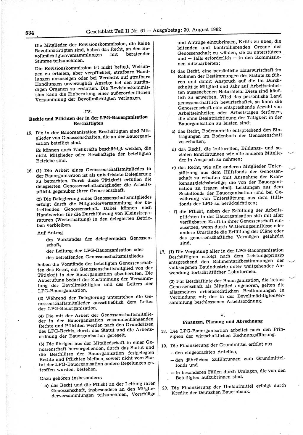Gesetzblatt (GBl.) der Deutschen Demokratischen Republik (DDR) Teil ⅠⅠ 1962, Seite 534 (GBl. DDR ⅠⅠ 1962, S. 534)