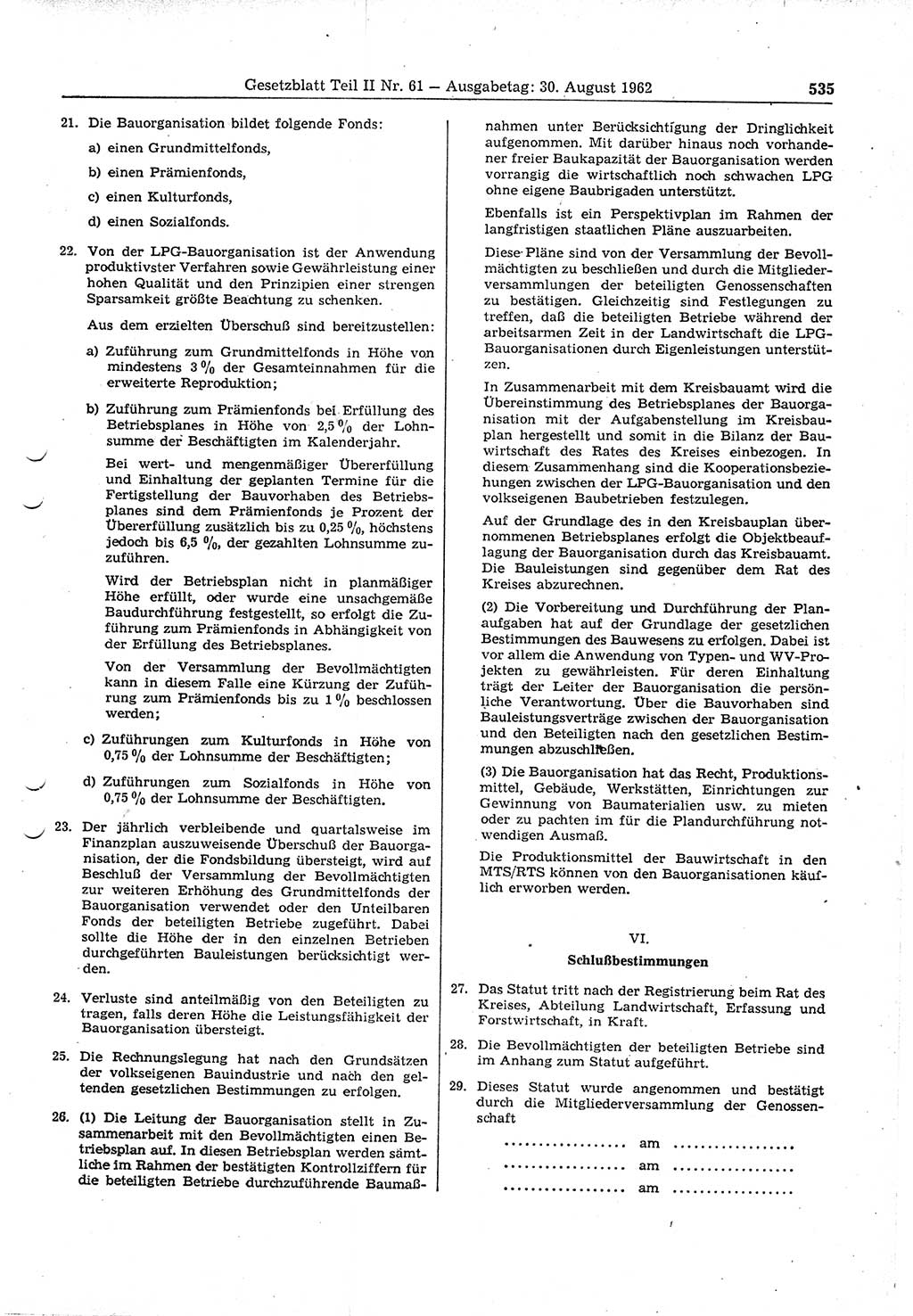 Gesetzblatt (GBl.) der Deutschen Demokratischen Republik (DDR) Teil ⅠⅠ 1962, Seite 535 (GBl. DDR ⅠⅠ 1962, S. 535)
