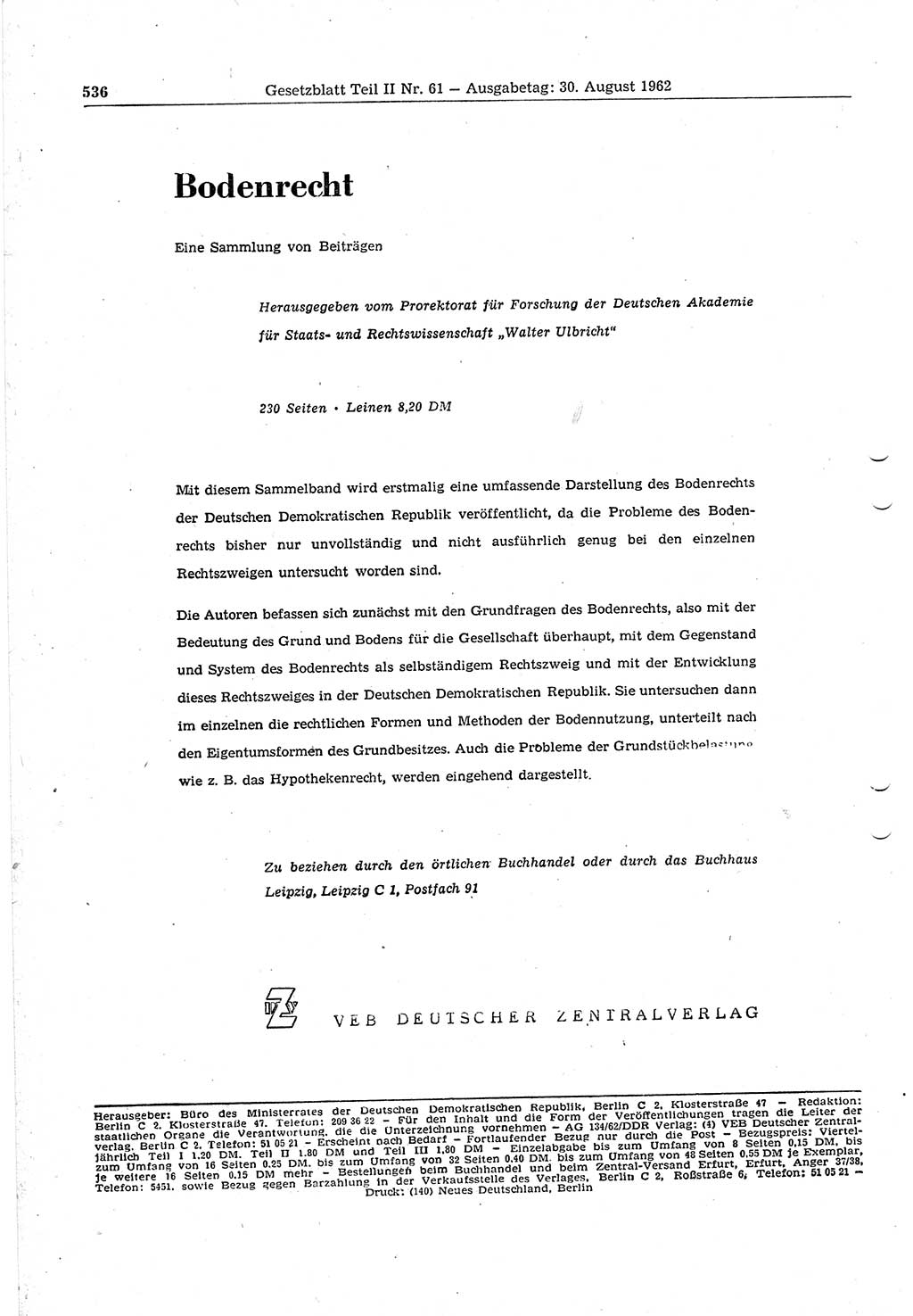 Gesetzblatt (GBl.) der Deutschen Demokratischen Republik (DDR) Teil ⅠⅠ 1962, Seite 536 (GBl. DDR ⅠⅠ 1962, S. 536)
