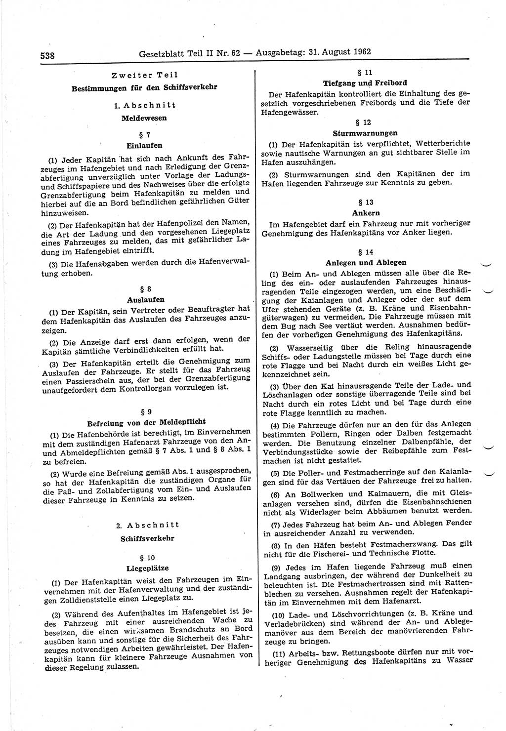 Gesetzblatt (GBl.) der Deutschen Demokratischen Republik (DDR) Teil ⅠⅠ 1962, Seite 538 (GBl. DDR ⅠⅠ 1962, S. 538)