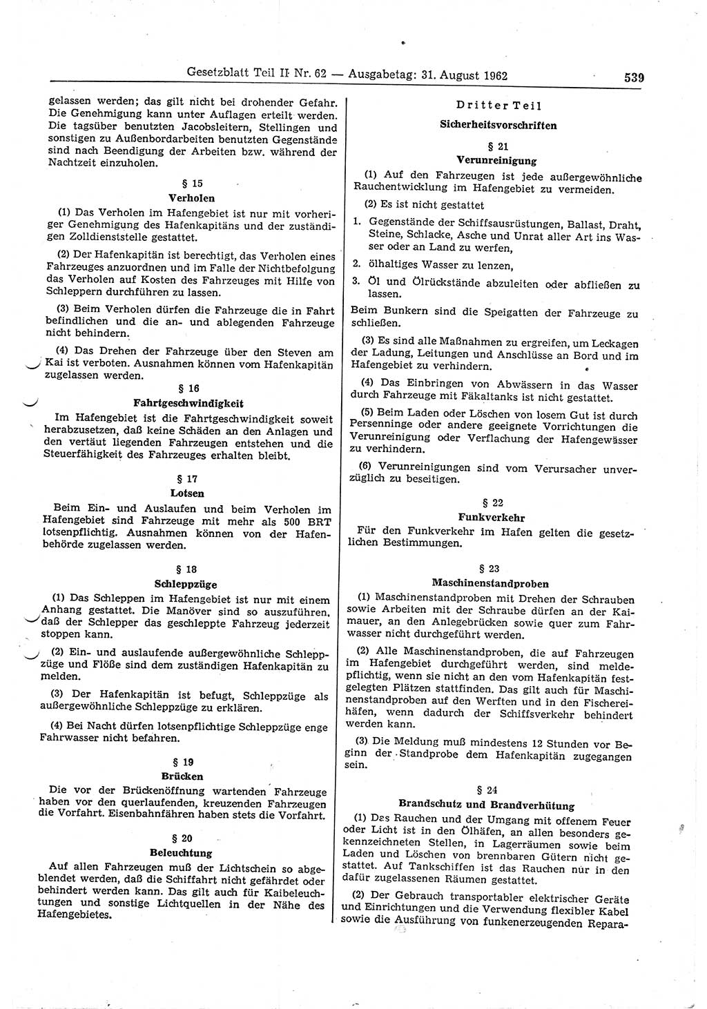 Gesetzblatt (GBl.) der Deutschen Demokratischen Republik (DDR) Teil ⅠⅠ 1962, Seite 539 (GBl. DDR ⅠⅠ 1962, S. 539)