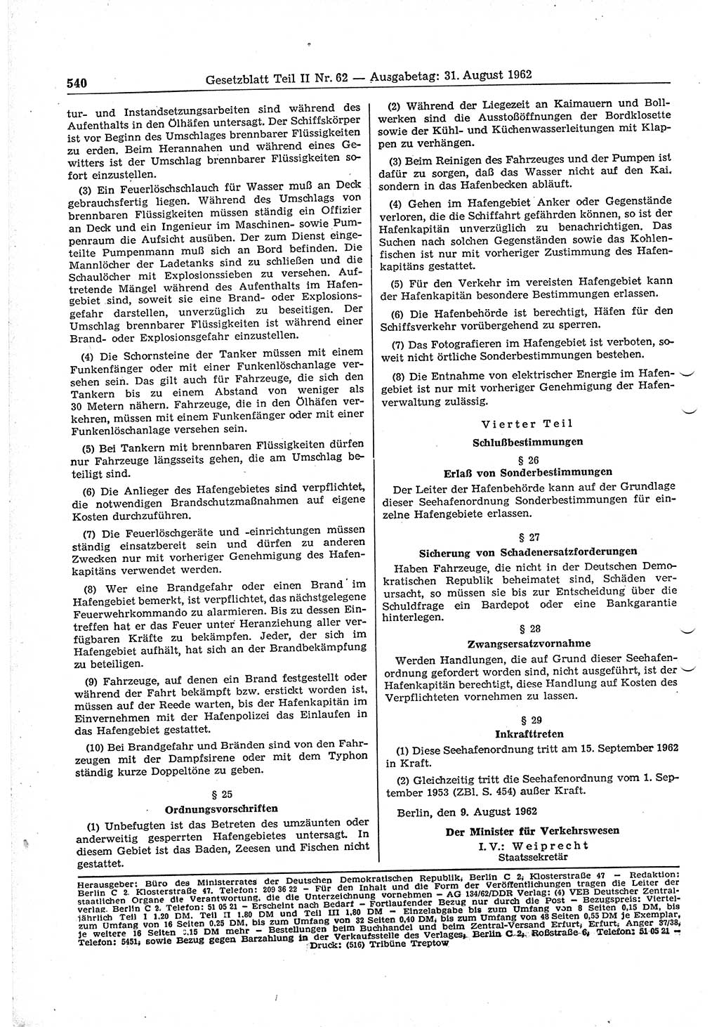 Gesetzblatt (GBl.) der Deutschen Demokratischen Republik (DDR) Teil ⅠⅠ 1962, Seite 540 (GBl. DDR ⅠⅠ 1962, S. 540)