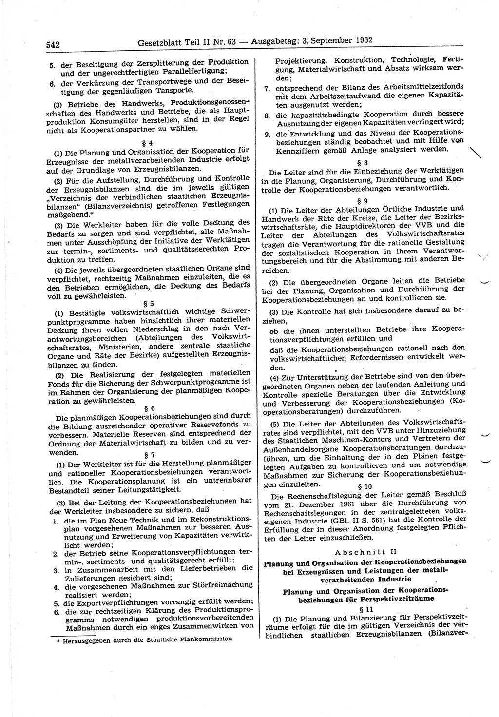 Gesetzblatt (GBl.) der Deutschen Demokratischen Republik (DDR) Teil ⅠⅠ 1962, Seite 542 (GBl. DDR ⅠⅠ 1962, S. 542)