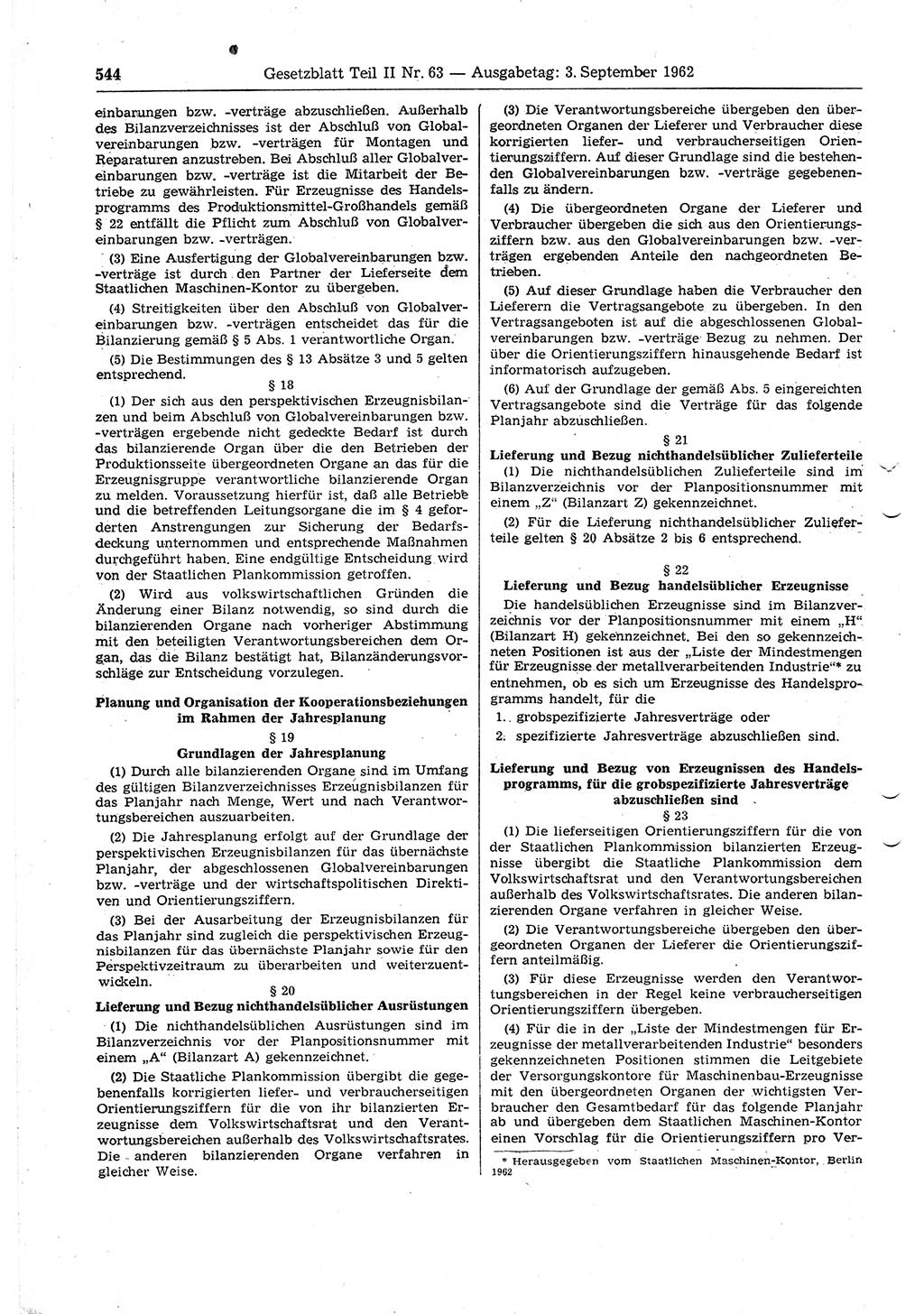 Gesetzblatt (GBl.) der Deutschen Demokratischen Republik (DDR) Teil ⅠⅠ 1962, Seite 544 (GBl. DDR ⅠⅠ 1962, S. 544)