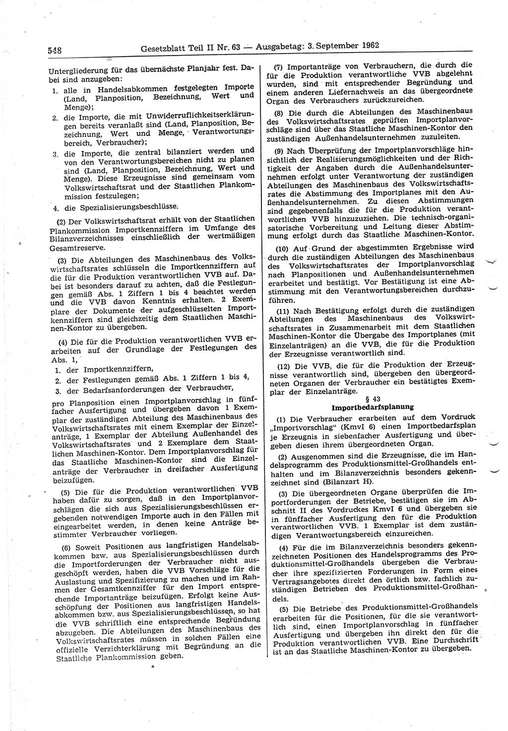 Gesetzblatt (GBl.) der Deutschen Demokratischen Republik (DDR) Teil ⅠⅠ 1962, Seite 548 (GBl. DDR ⅠⅠ 1962, S. 548)