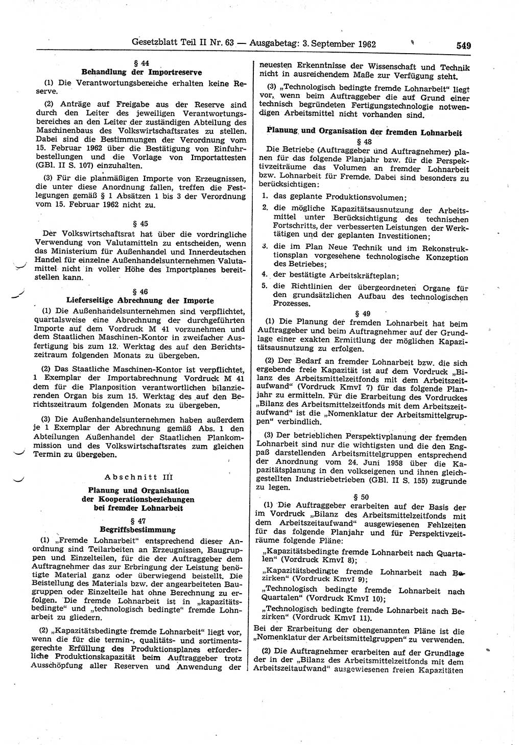Gesetzblatt (GBl.) der Deutschen Demokratischen Republik (DDR) Teil ⅠⅠ 1962, Seite 549 (GBl. DDR ⅠⅠ 1962, S. 549)