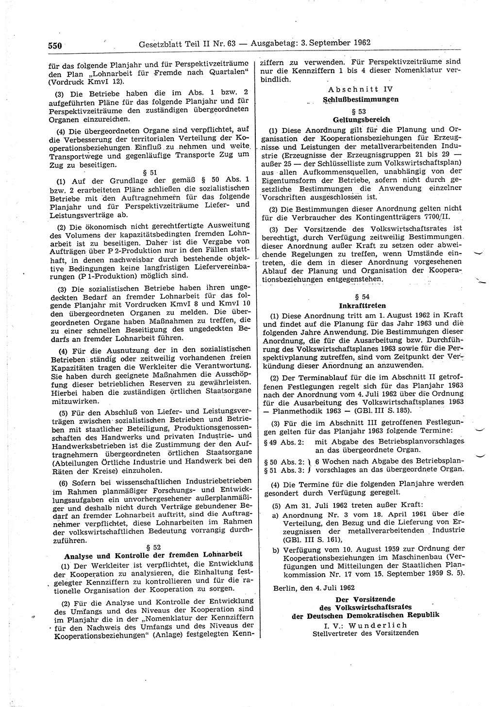 Gesetzblatt (GBl.) der Deutschen Demokratischen Republik (DDR) Teil ⅠⅠ 1962, Seite 550 (GBl. DDR ⅠⅠ 1962, S. 550)