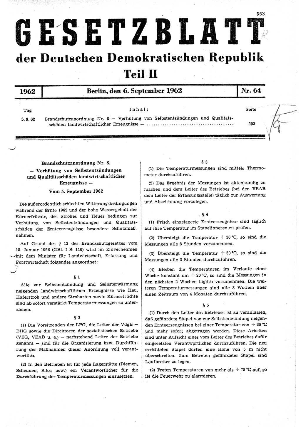 Gesetzblatt (GBl.) der Deutschen Demokratischen Republik (DDR) Teil ⅠⅠ 1962, Seite 553 (GBl. DDR ⅠⅠ 1962, S. 553)