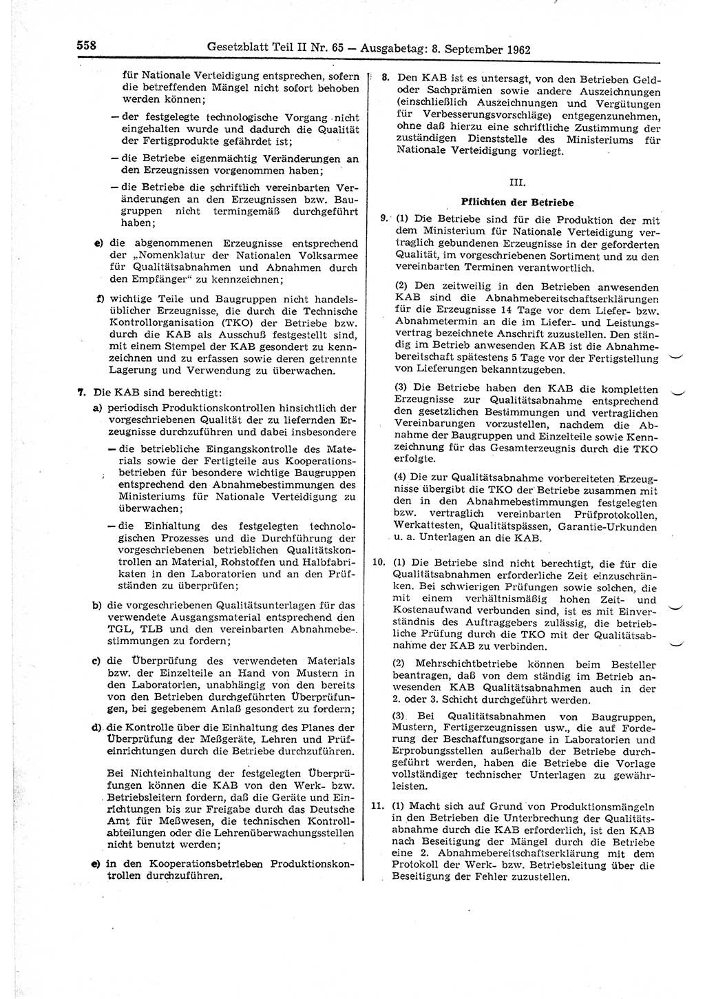 Gesetzblatt (GBl.) der Deutschen Demokratischen Republik (DDR) Teil ⅠⅠ 1962, Seite 558 (GBl. DDR ⅠⅠ 1962, S. 558)