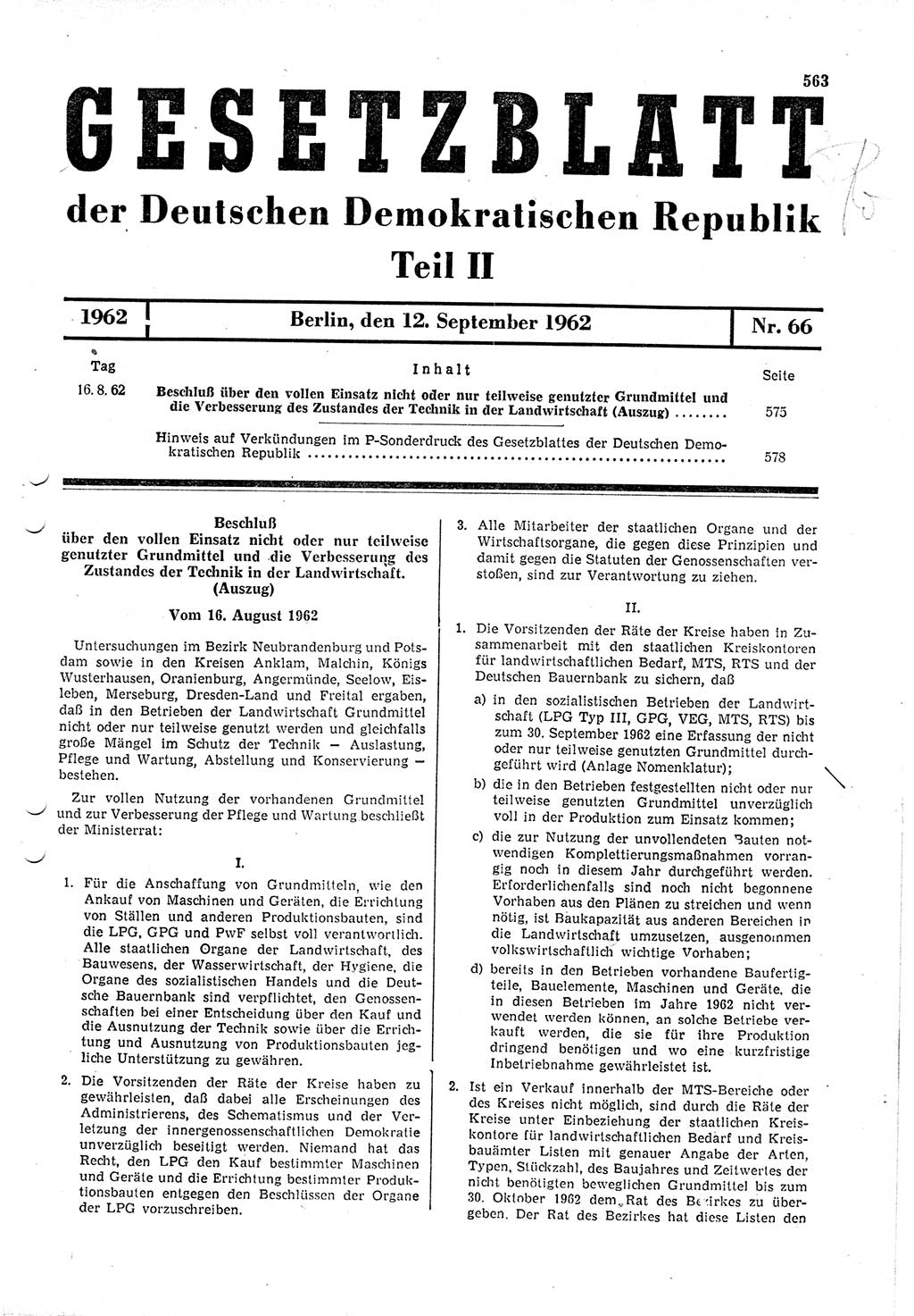 Gesetzblatt (GBl.) der Deutschen Demokratischen Republik (DDR) Teil ⅠⅠ 1962, Seite 563 (GBl. DDR ⅠⅠ 1962, S. 563)