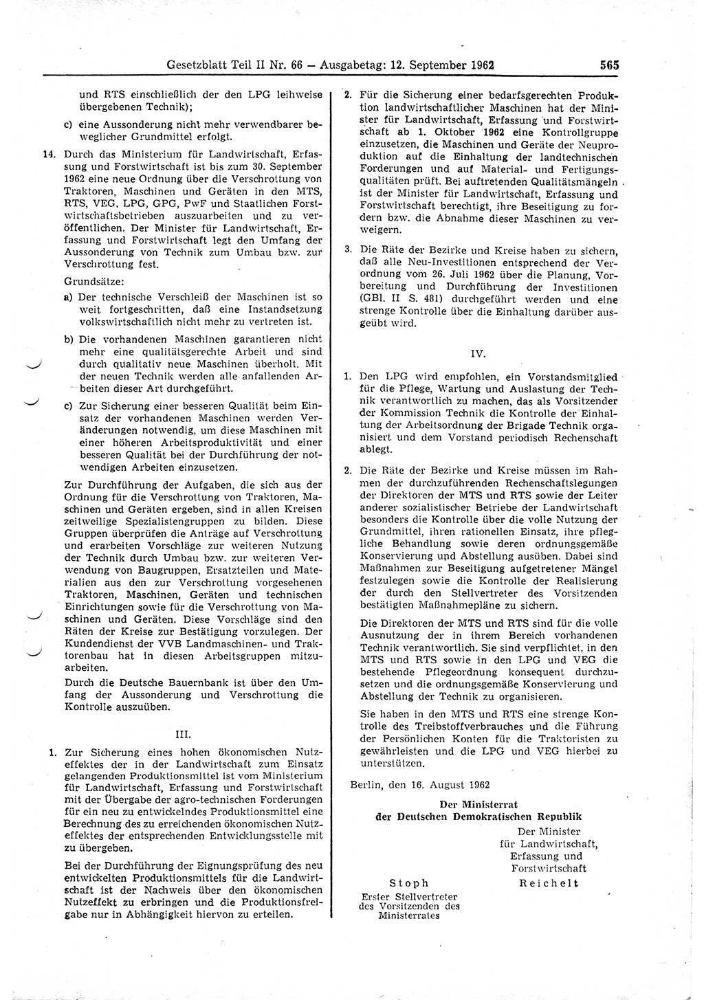 Gesetzblatt (GBl.) der Deutschen Demokratischen Republik (DDR) Teil ⅠⅠ 1962, Seite 565 (GBl. DDR ⅠⅠ 1962, S. 565)