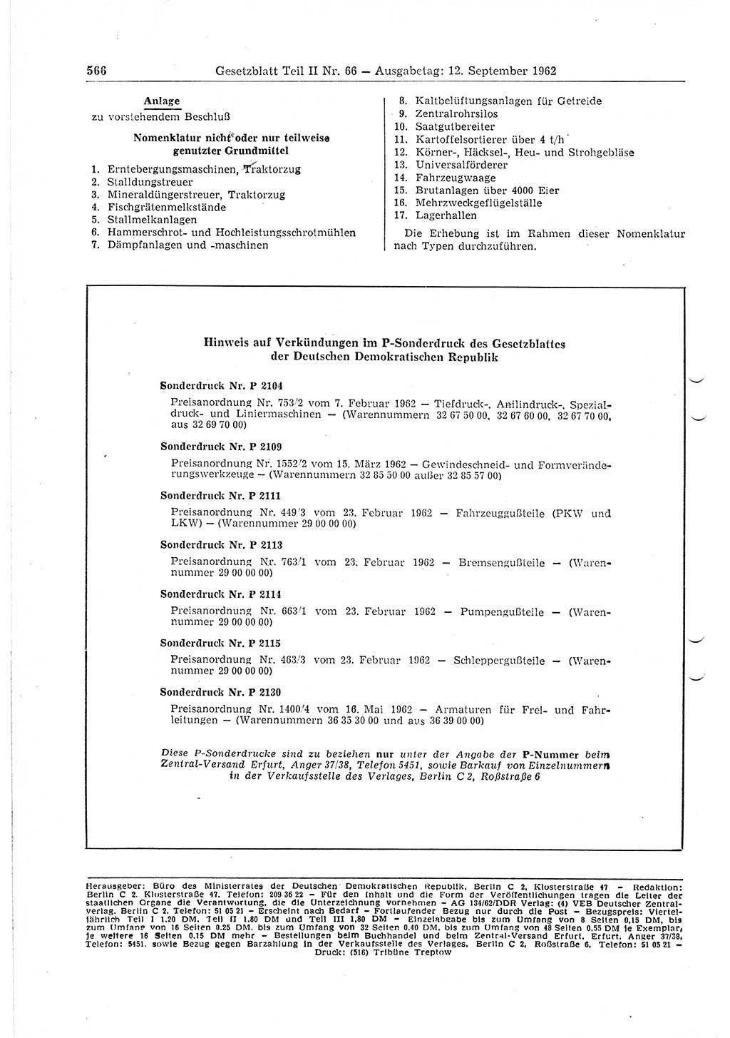 Gesetzblatt (GBl.) der Deutschen Demokratischen Republik (DDR) Teil ⅠⅠ 1962, Seite 566 (GBl. DDR ⅠⅠ 1962, S. 566)