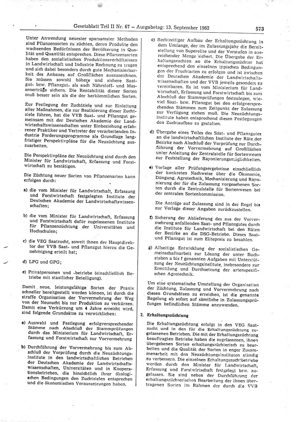 Gesetzblatt (GBl.) der Deutschen Demokratischen Republik (DDR) Teil ⅠⅠ 1962, Seite 573 (GBl. DDR ⅠⅠ 1962, S. 573)