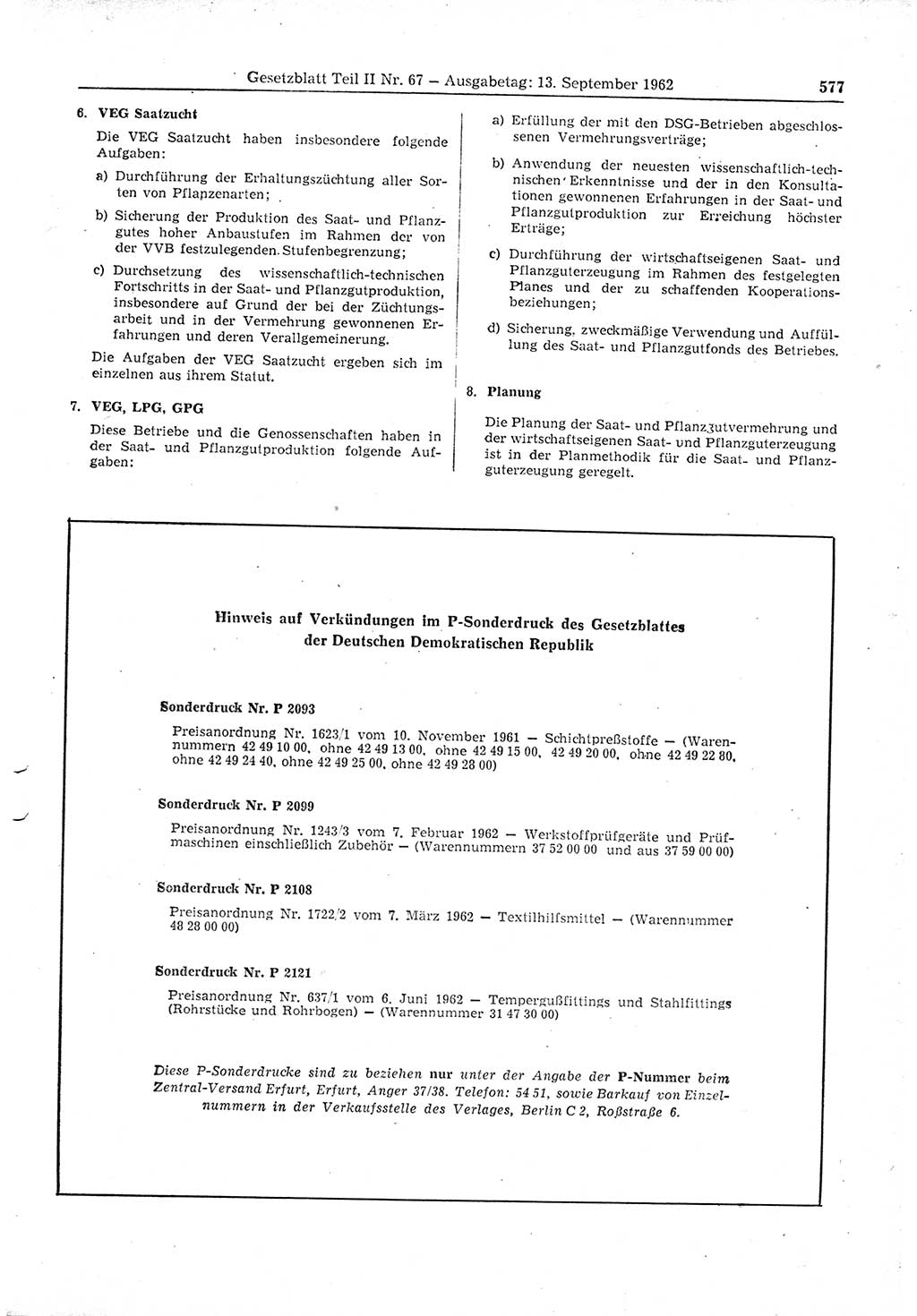 Gesetzblatt (GBl.) der Deutschen Demokratischen Republik (DDR) Teil ⅠⅠ 1962, Seite 577 (GBl. DDR ⅠⅠ 1962, S. 577)