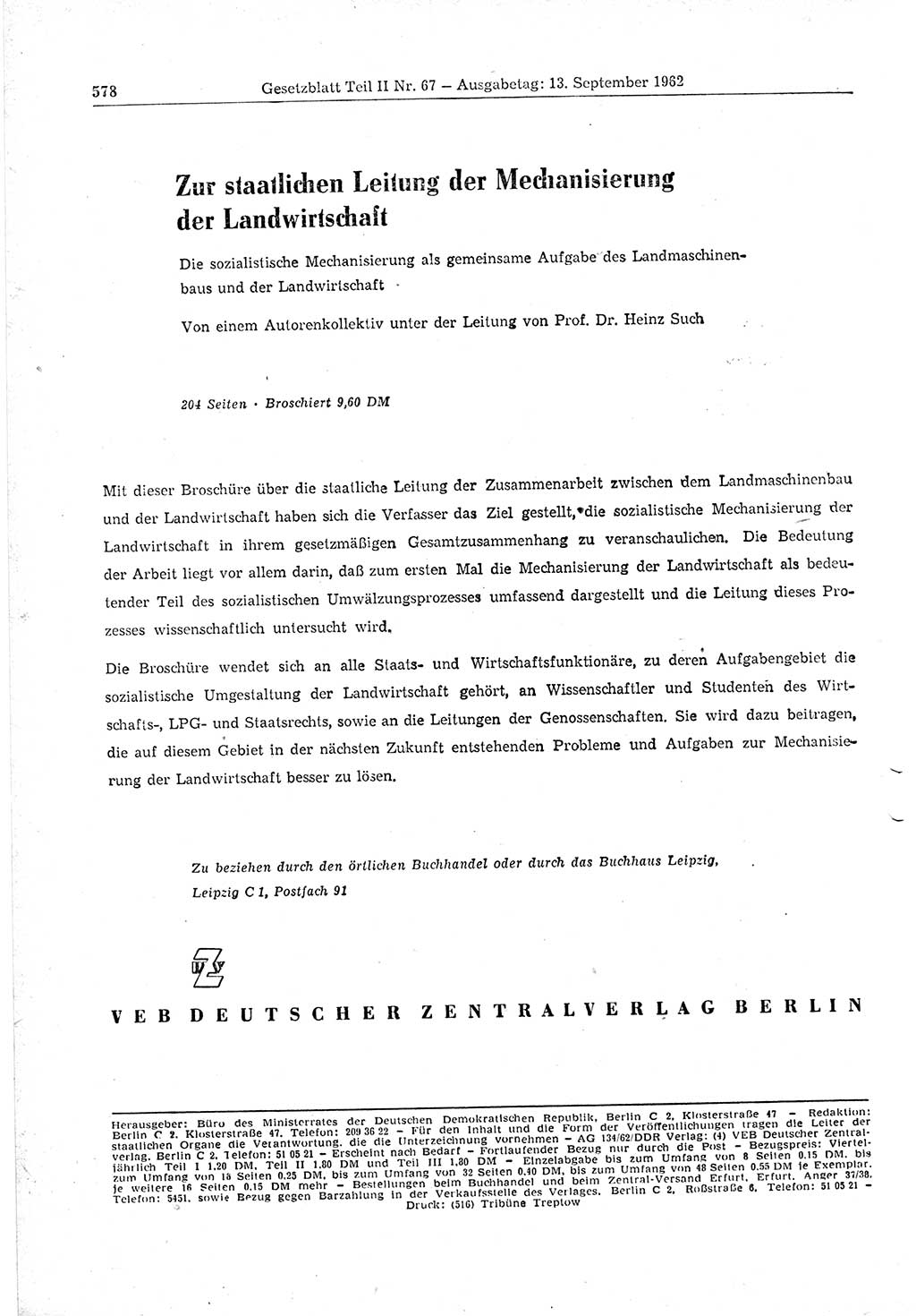 Gesetzblatt (GBl.) der Deutschen Demokratischen Republik (DDR) Teil ⅠⅠ 1962, Seite 578 (GBl. DDR ⅠⅠ 1962, S. 578)