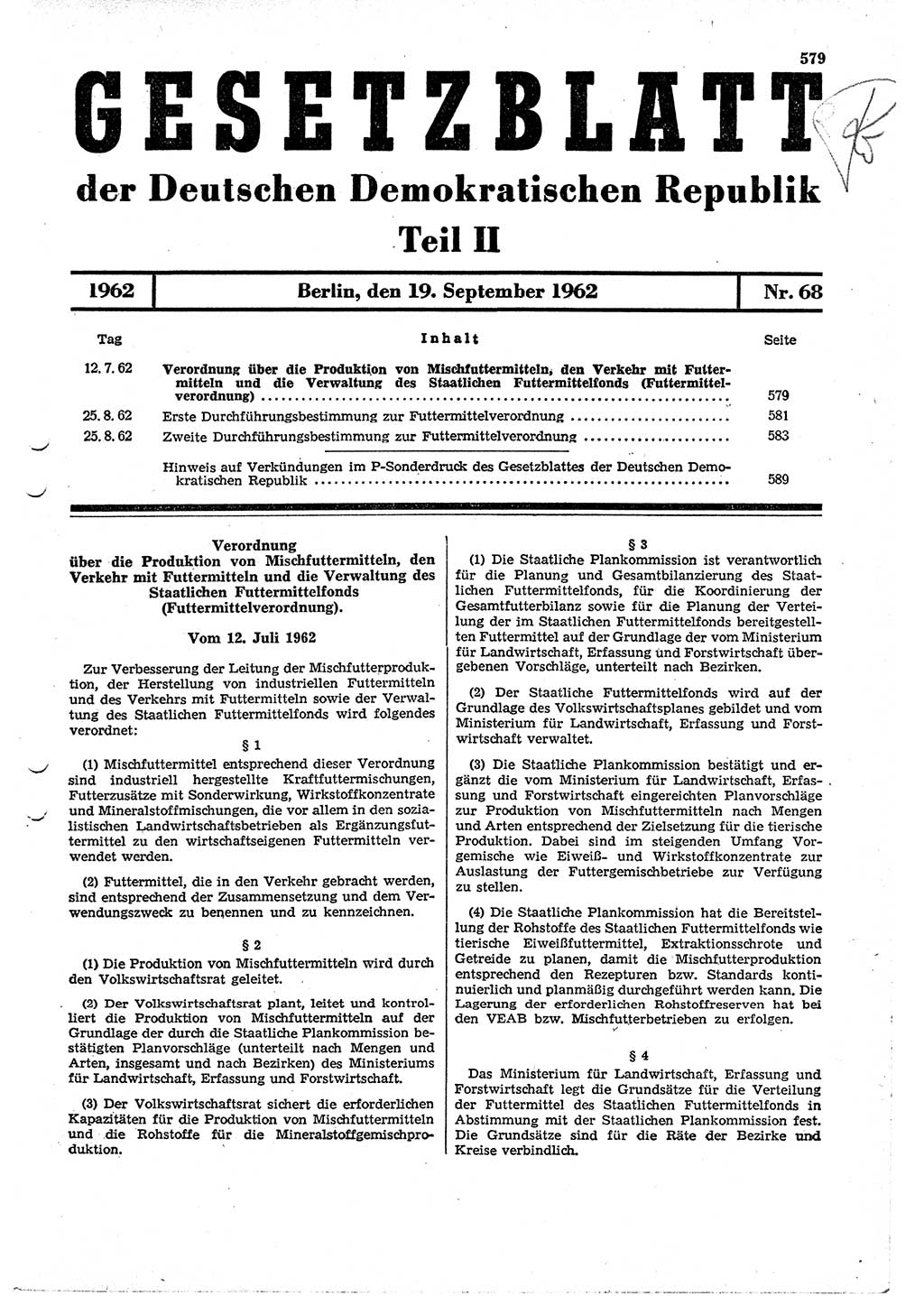 Gesetzblatt (GBl.) der Deutschen Demokratischen Republik (DDR) Teil ⅠⅠ 1962, Seite 579 (GBl. DDR ⅠⅠ 1962, S. 579)