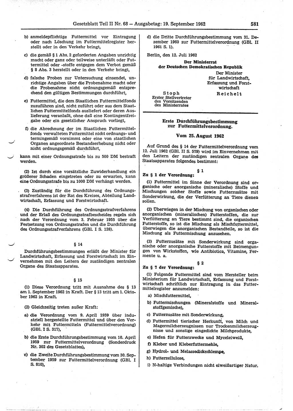 Gesetzblatt (GBl.) der Deutschen Demokratischen Republik (DDR) Teil ⅠⅠ 1962, Seite 581 (GBl. DDR ⅠⅠ 1962, S. 581)