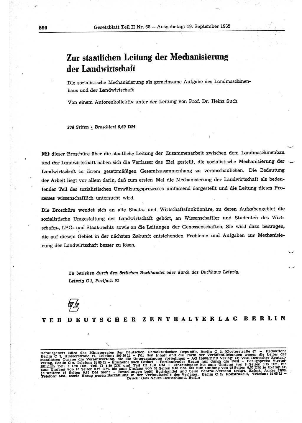 Gesetzblatt (GBl.) der Deutschen Demokratischen Republik (DDR) Teil ⅠⅠ 1962, Seite 590 (GBl. DDR ⅠⅠ 1962, S. 590)