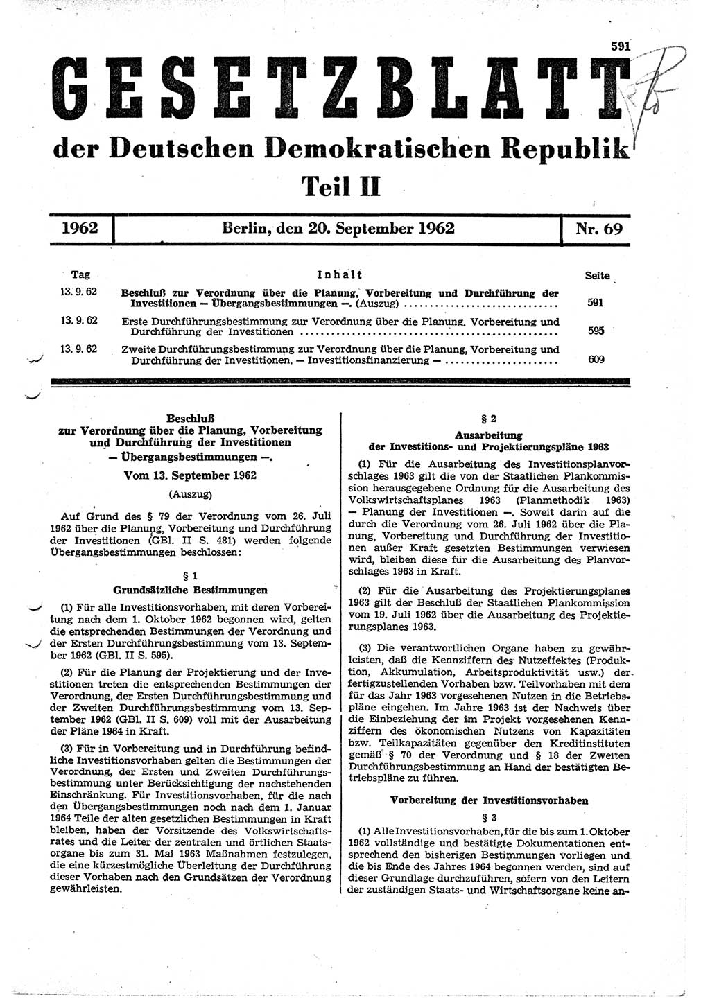 Gesetzblatt (GBl.) der Deutschen Demokratischen Republik (DDR) Teil ⅠⅠ 1962, Seite 591 (GBl. DDR ⅠⅠ 1962, S. 591)