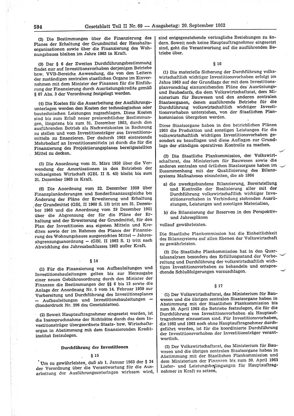 Gesetzblatt (GBl.) der Deutschen Demokratischen Republik (DDR) Teil ⅠⅠ 1962, Seite 594 (GBl. DDR ⅠⅠ 1962, S. 594)