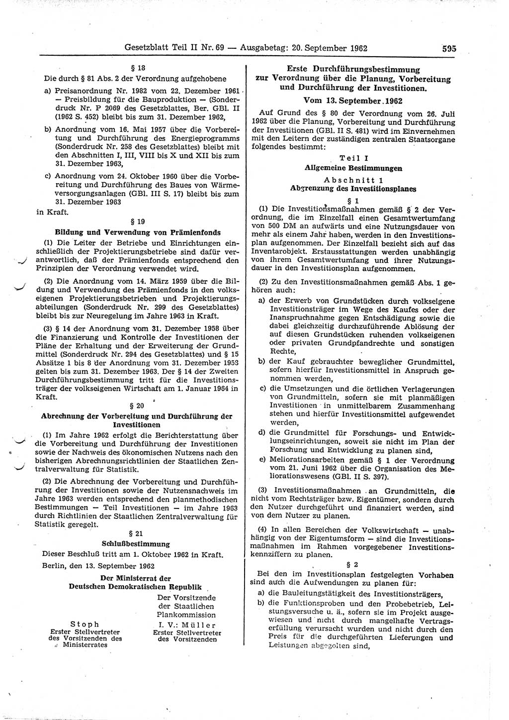 Gesetzblatt (GBl.) der Deutschen Demokratischen Republik (DDR) Teil ⅠⅠ 1962, Seite 595 (GBl. DDR ⅠⅠ 1962, S. 595)