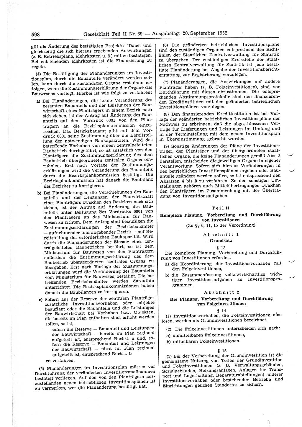 Gesetzblatt (GBl.) der Deutschen Demokratischen Republik (DDR) Teil ⅠⅠ 1962, Seite 598 (GBl. DDR ⅠⅠ 1962, S. 598)