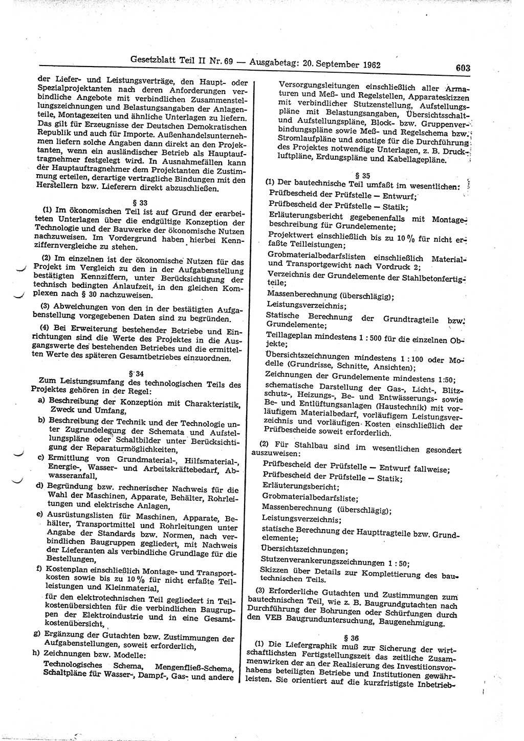 Gesetzblatt (GBl.) der Deutschen Demokratischen Republik (DDR) Teil ⅠⅠ 1962, Seite 603 (GBl. DDR ⅠⅠ 1962, S. 603)