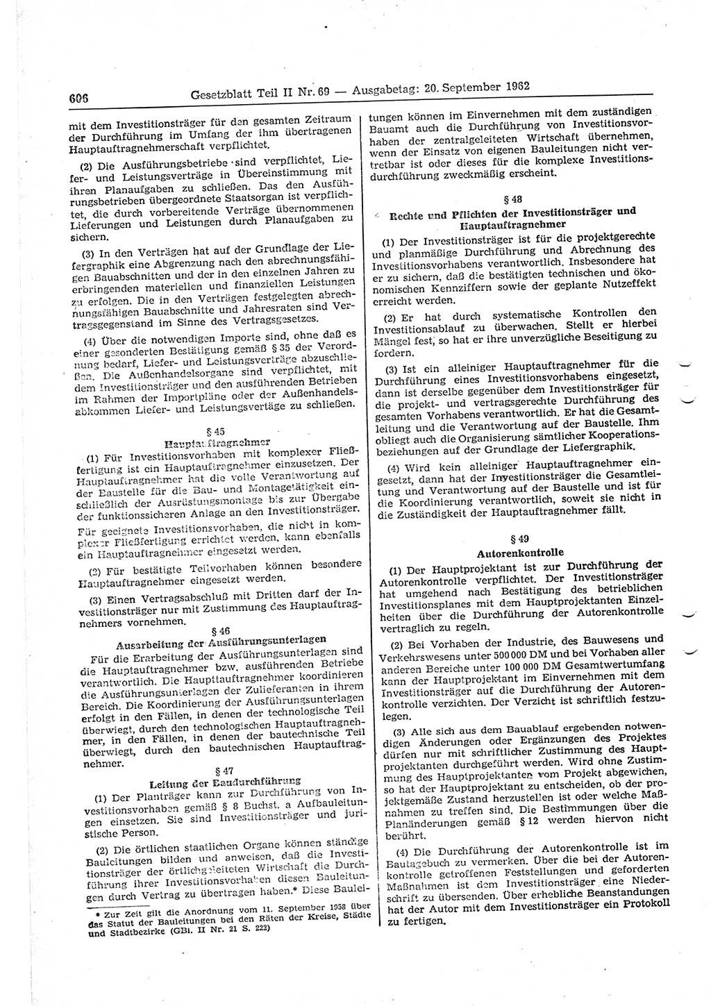Gesetzblatt (GBl.) der Deutschen Demokratischen Republik (DDR) Teil ⅠⅠ 1962, Seite 606 (GBl. DDR ⅠⅠ 1962, S. 606)