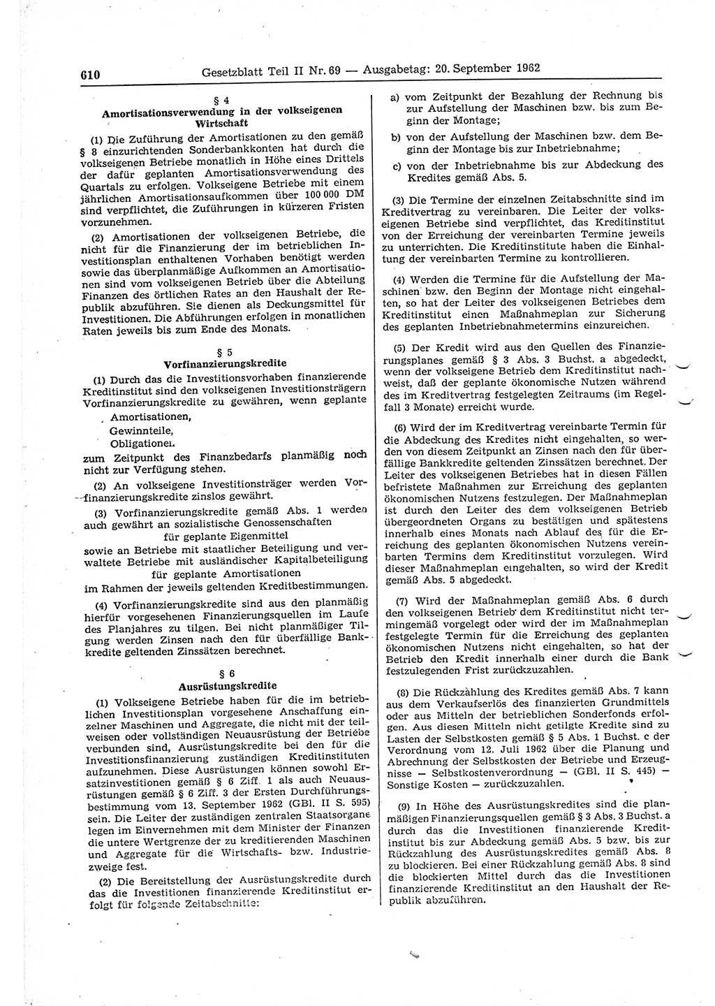 Gesetzblatt (GBl.) der Deutschen Demokratischen Republik (DDR) Teil ⅠⅠ 1962, Seite 610 (GBl. DDR ⅠⅠ 1962, S. 610)