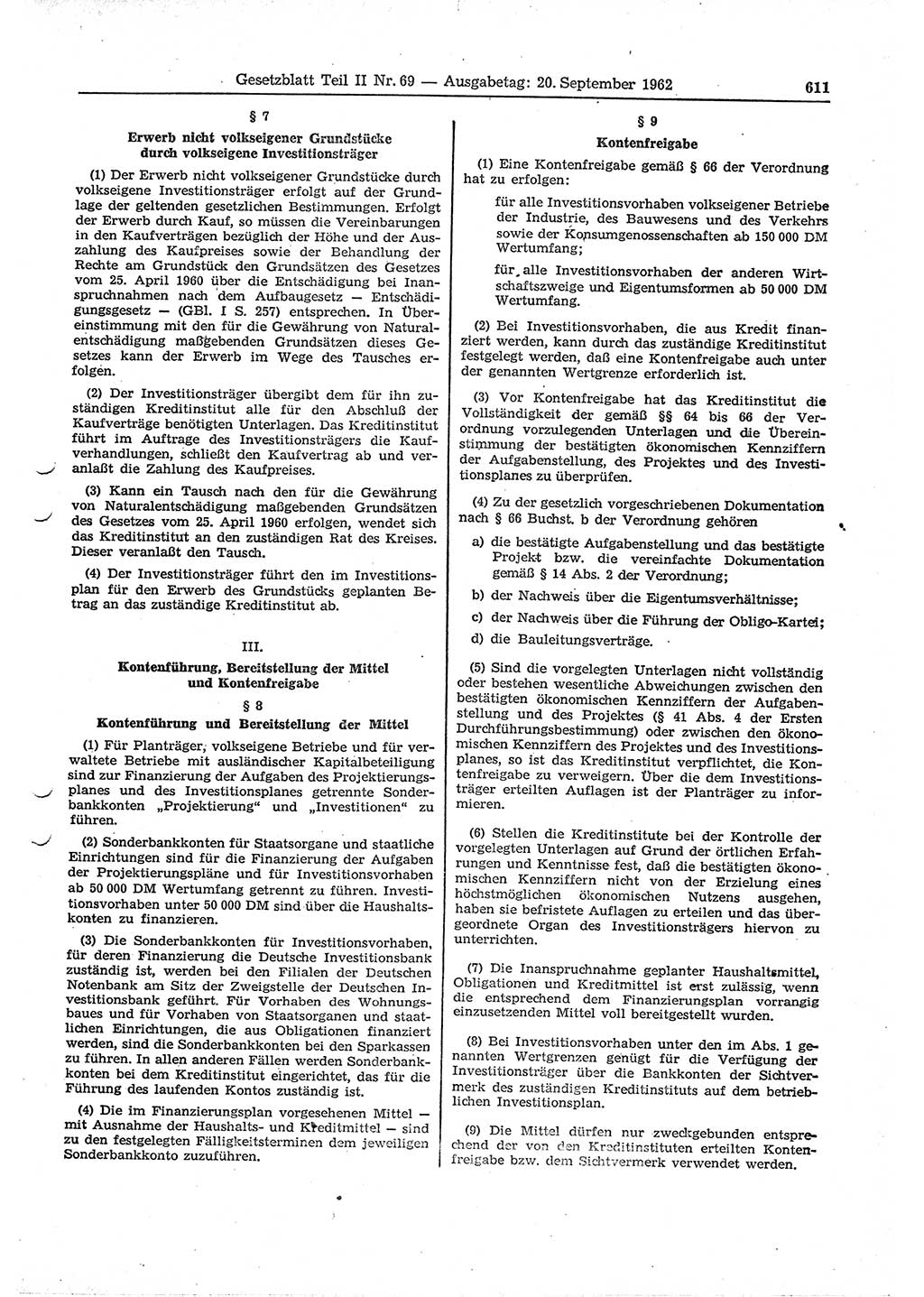Gesetzblatt (GBl.) der Deutschen Demokratischen Republik (DDR) Teil ⅠⅠ 1962, Seite 611 (GBl. DDR ⅠⅠ 1962, S. 611)