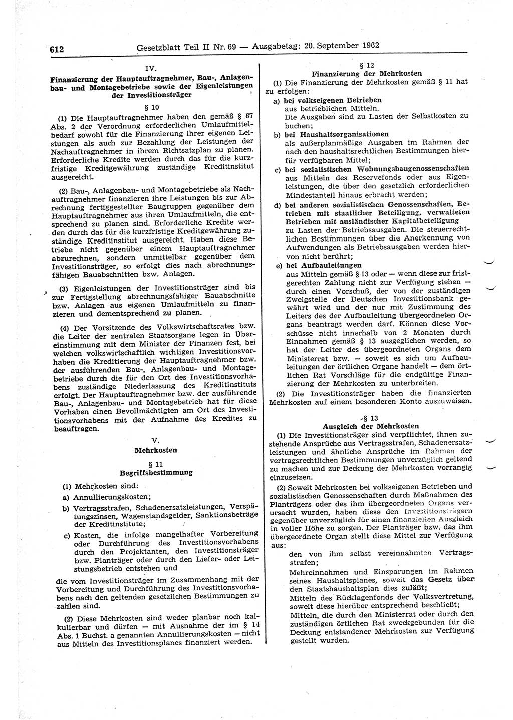 Gesetzblatt (GBl.) der Deutschen Demokratischen Republik (DDR) Teil ⅠⅠ 1962, Seite 612 (GBl. DDR ⅠⅠ 1962, S. 612)