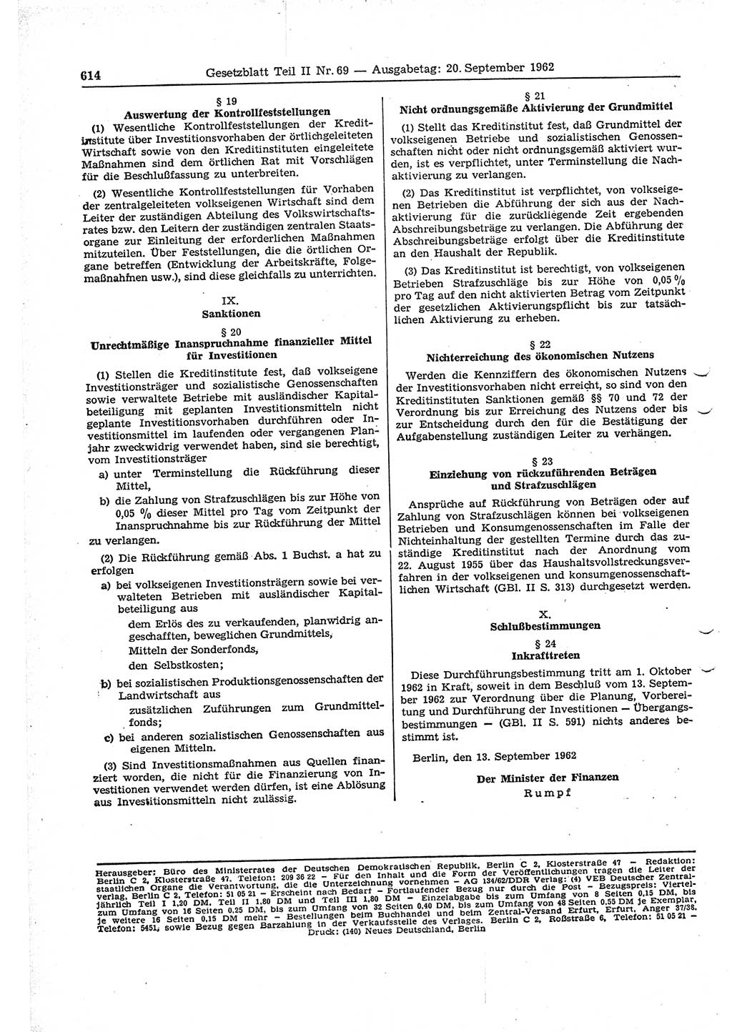 Gesetzblatt (GBl.) der Deutschen Demokratischen Republik (DDR) Teil ⅠⅠ 1962, Seite 614 (GBl. DDR ⅠⅠ 1962, S. 614)