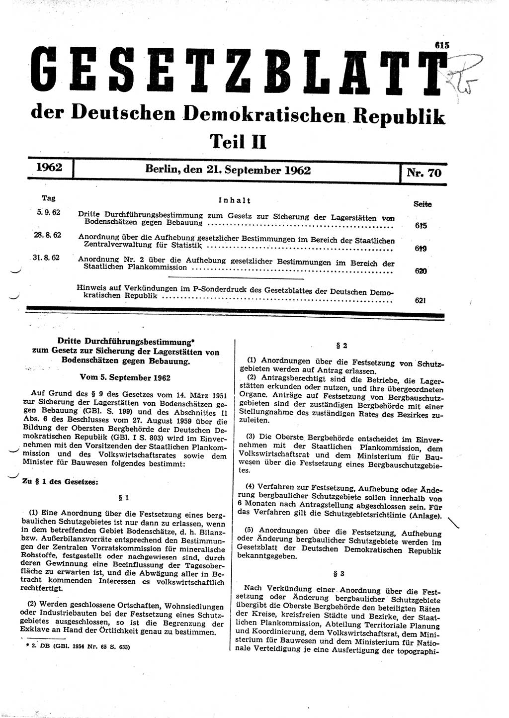 Gesetzblatt (GBl.) der Deutschen Demokratischen Republik (DDR) Teil ⅠⅠ 1962, Seite 615 (GBl. DDR ⅠⅠ 1962, S. 615)